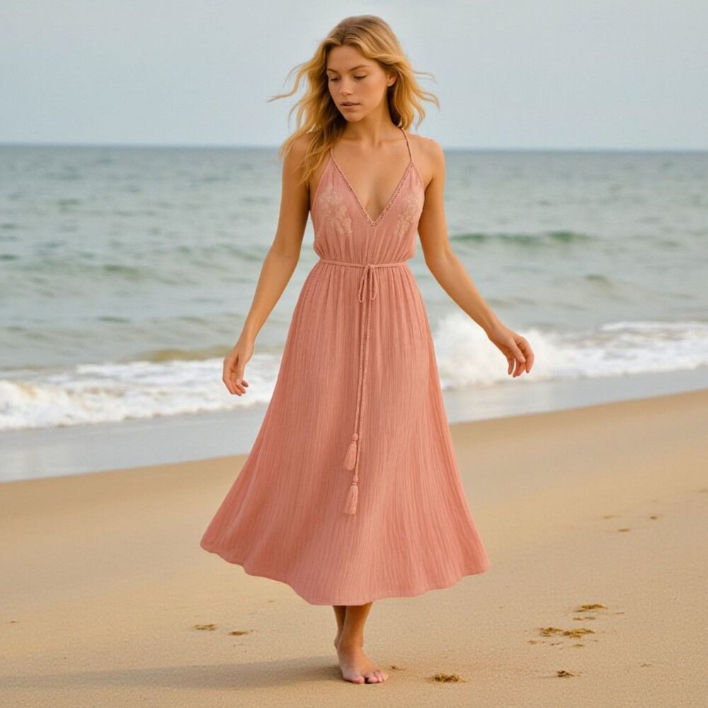 Love Tree Los Angeles Women Small Pink Embroidered Halter Maxi Dress Boho Beach